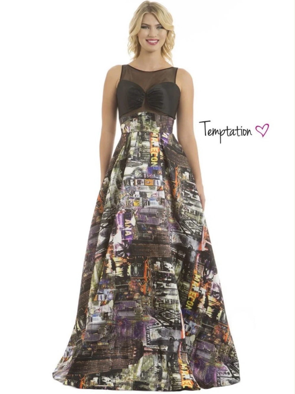 Temptations Black Mesh Bodice Prom Dress with Cityscape Print Skirt 2 piece